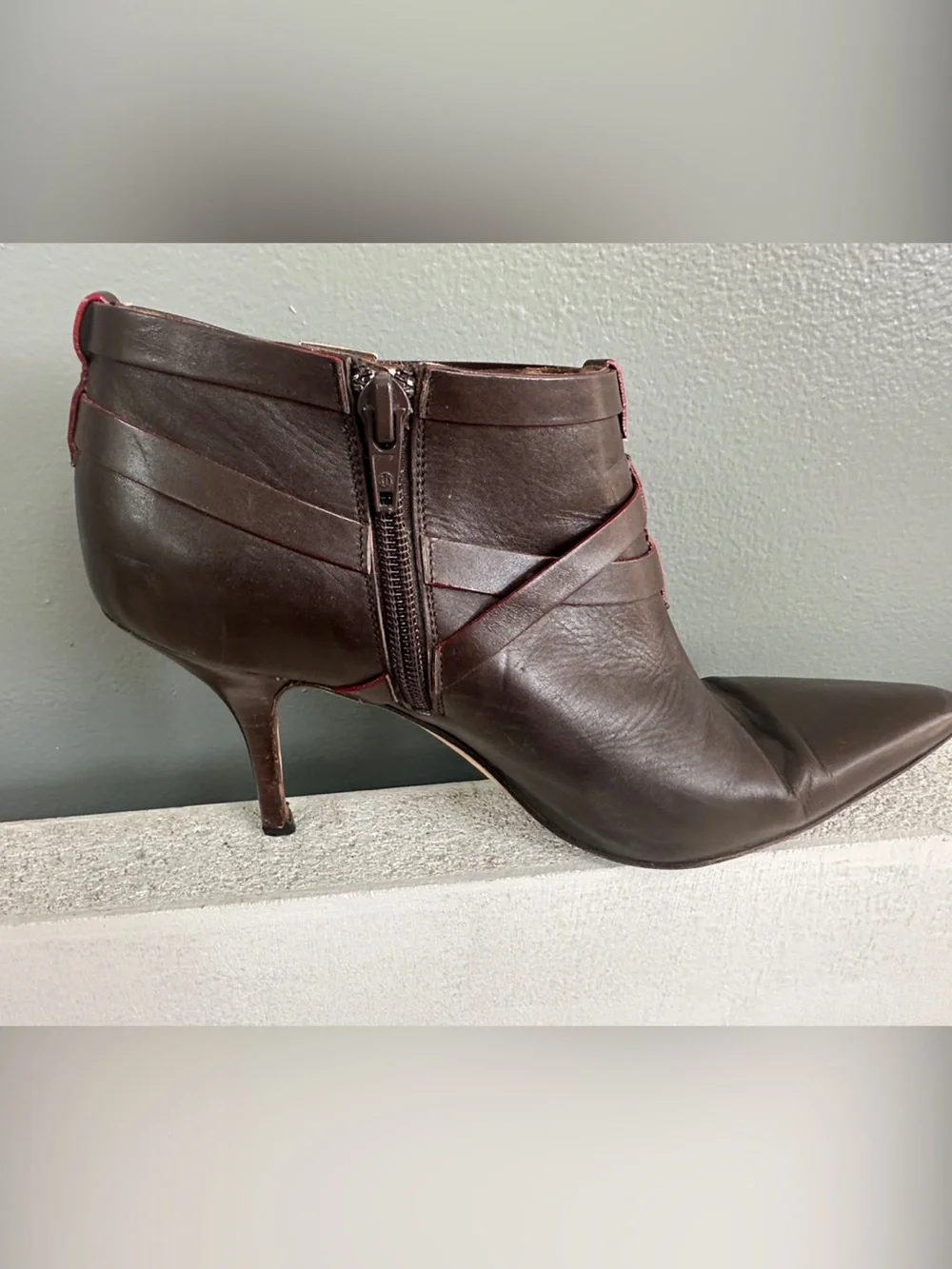 Manolo Blahnik Dark Brown Leather Pointed Ankle Boots with Red Trim